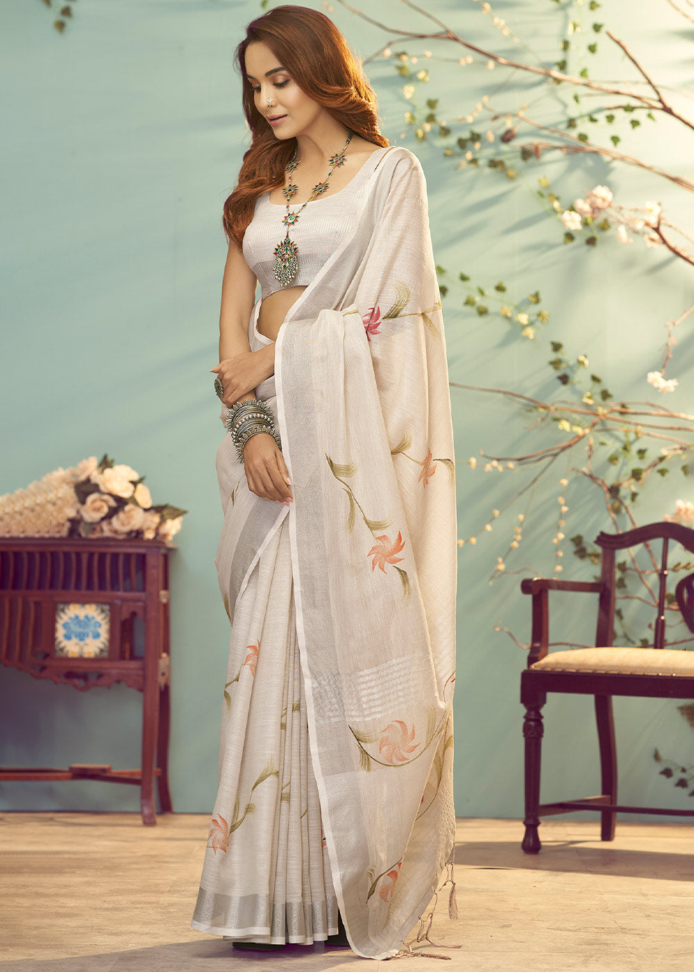 Rodeo Dust Brown Soft Linen Silk Floral Printed Saree