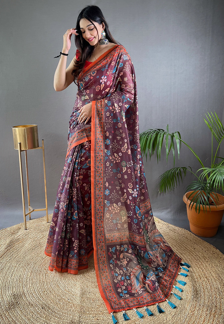 Russett Purple Cotton Kalamkari Printed Saree