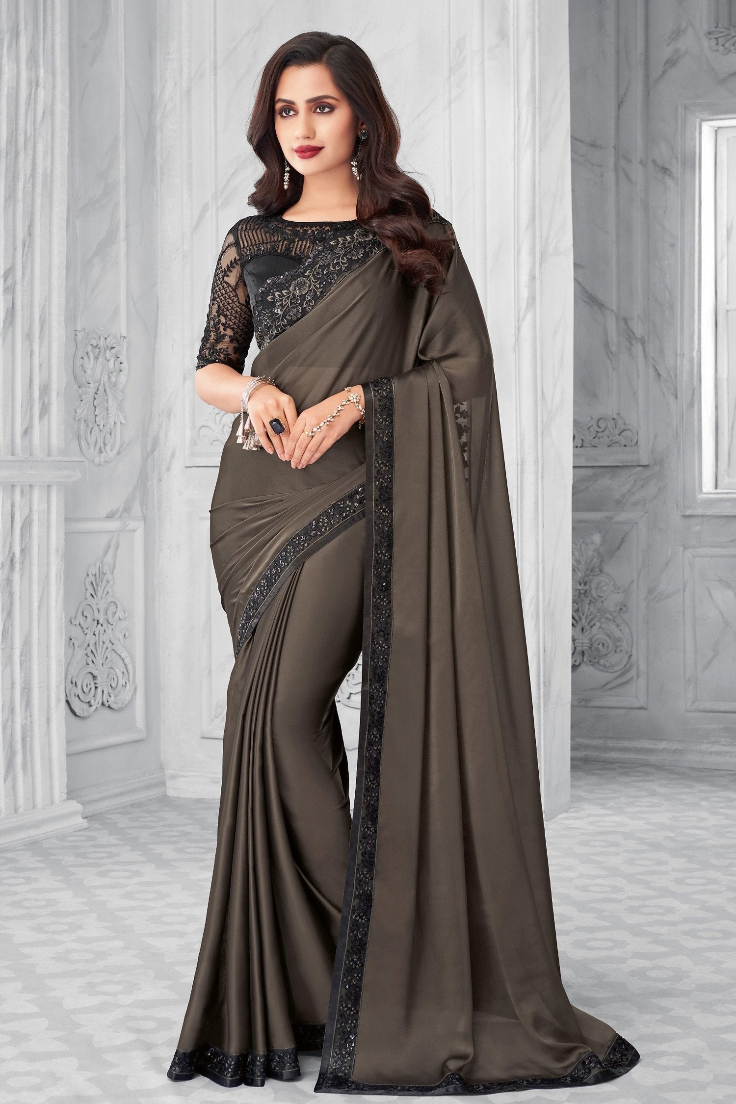 Shark Grey Two Tone Georgette Designer Silk Saree