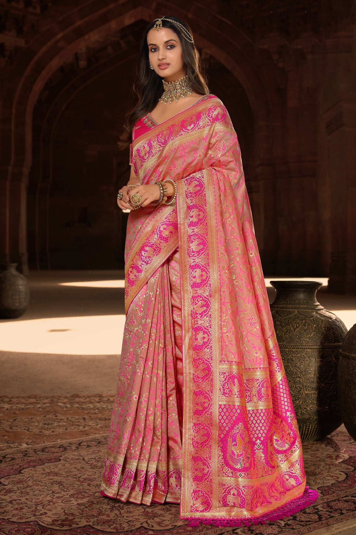 Deep Blush Pink Designer Banarasi Woven Silk Saree