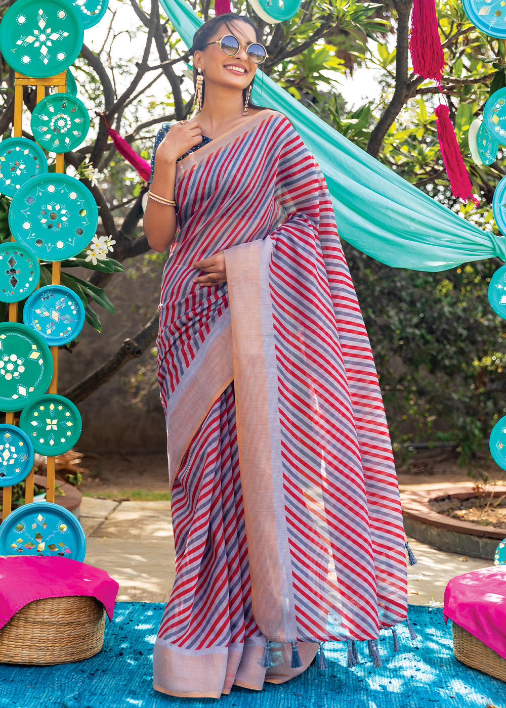 Can Red and Blue Cotton Saree With Leheriya Print