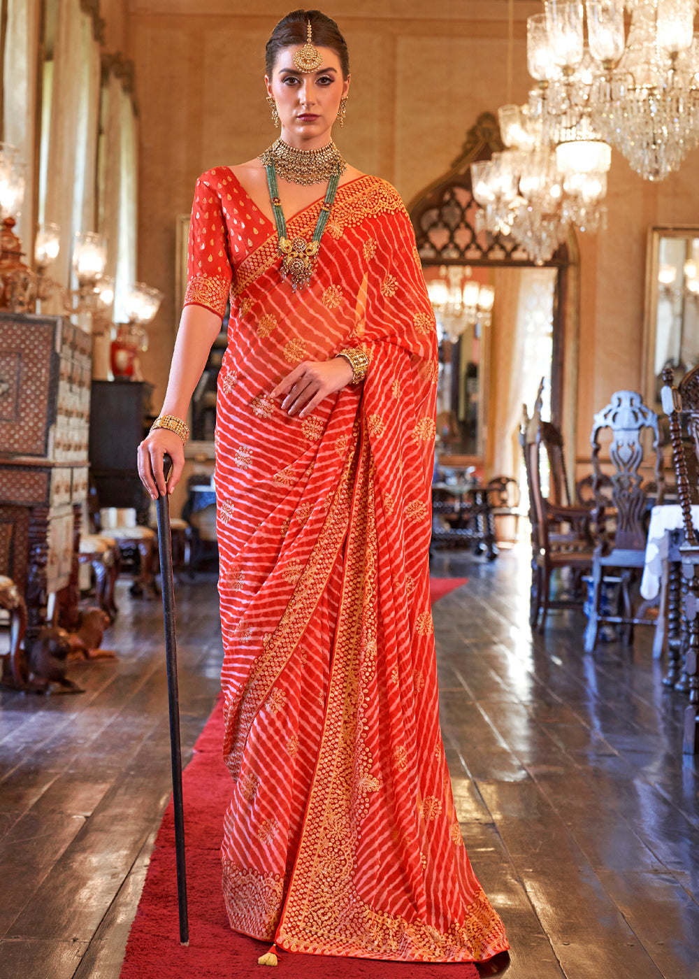 Punch Red Lehariya Georgette Silk Saree