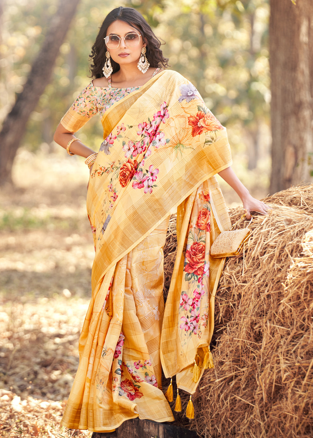 Fresh Yellow Floral Printed Cotton Silk Saree