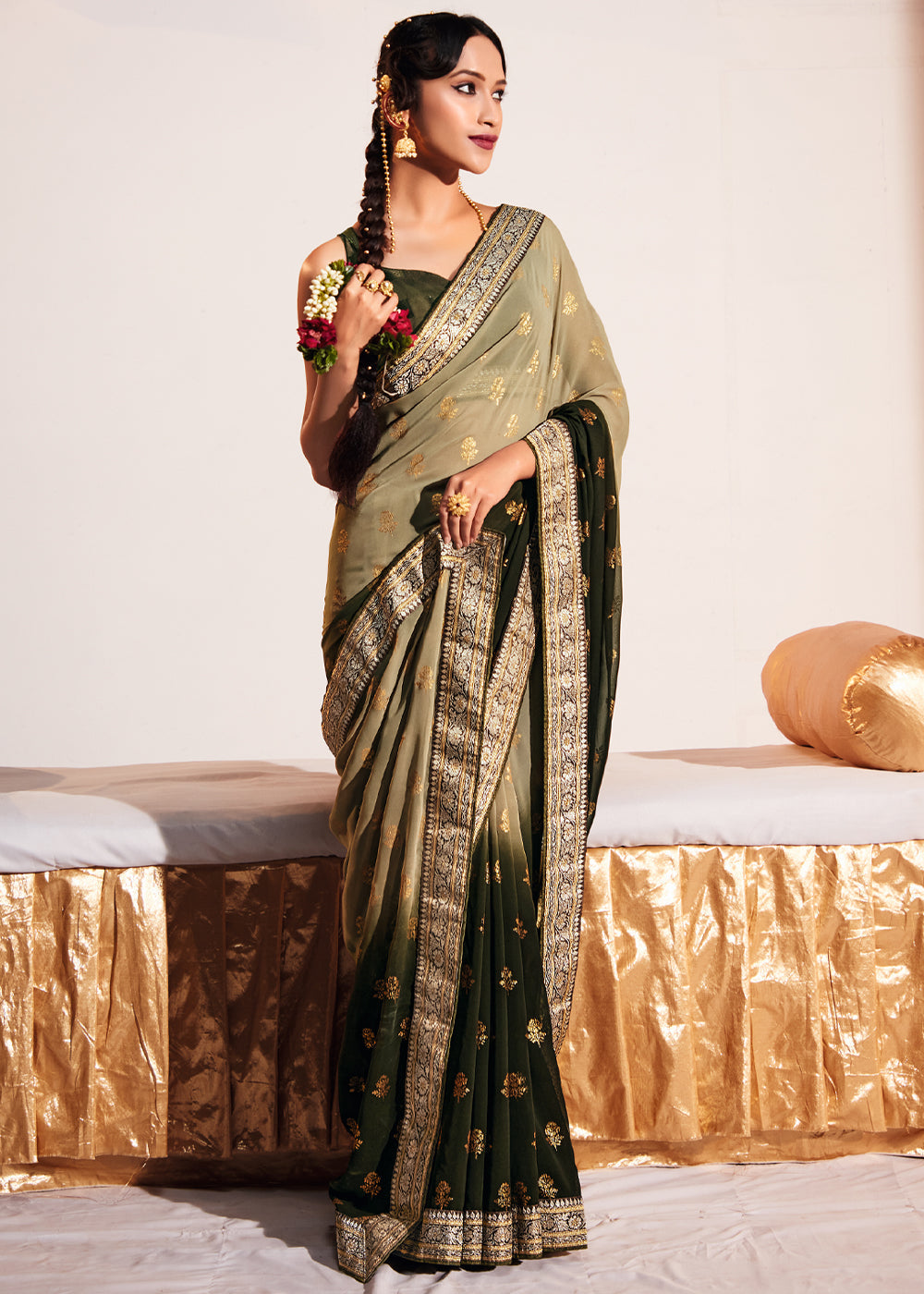 Misty Moss Green Woven Georgette Silk Saree