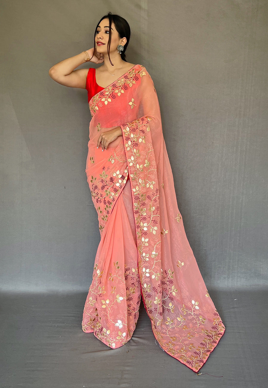 Froly Peach Embroidered Organza Silk Saree