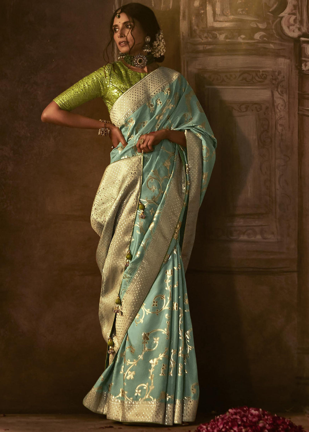 Finch Green Woven Designer Banarasi Silk Saree