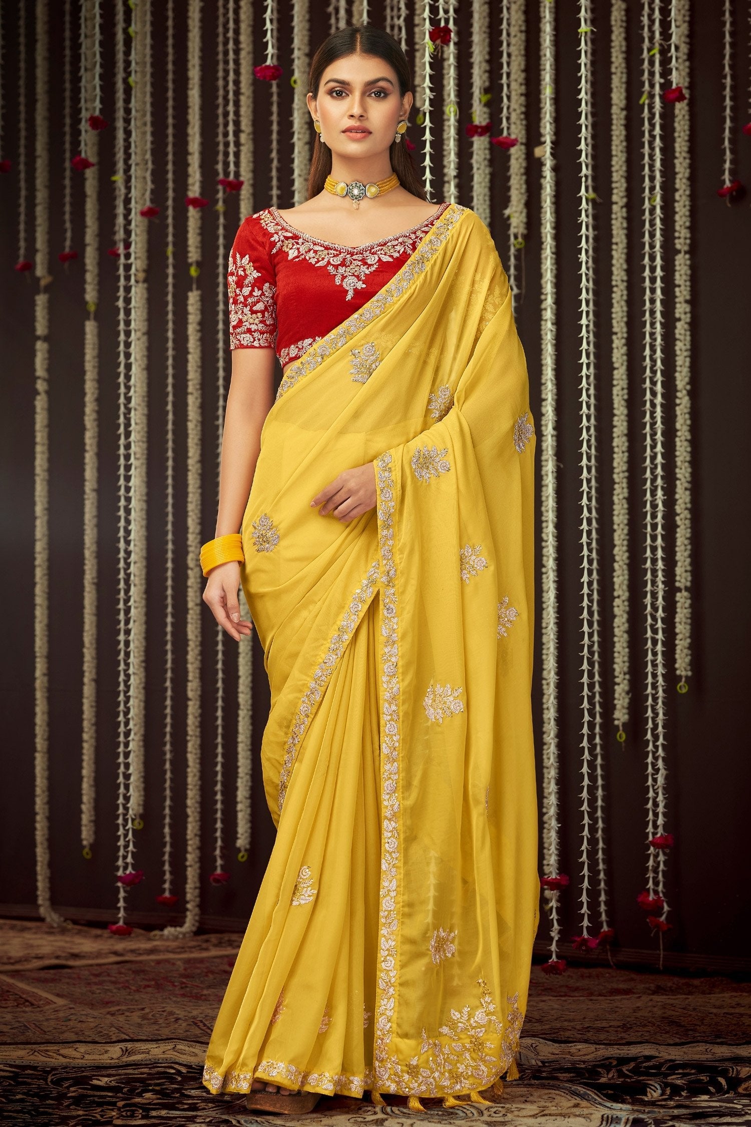 Canary Yellow Organza Designer Silk Saree