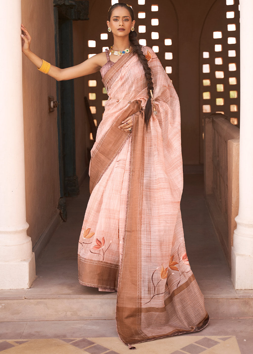 Fair Pink Printed Kora Silk Saree