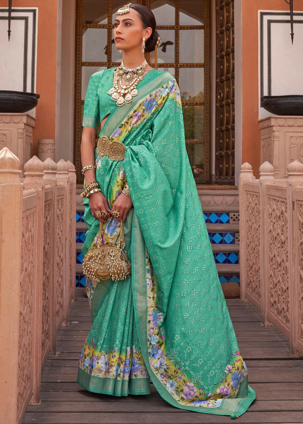 Jungle Green Soft Floral Printed Silk Saree