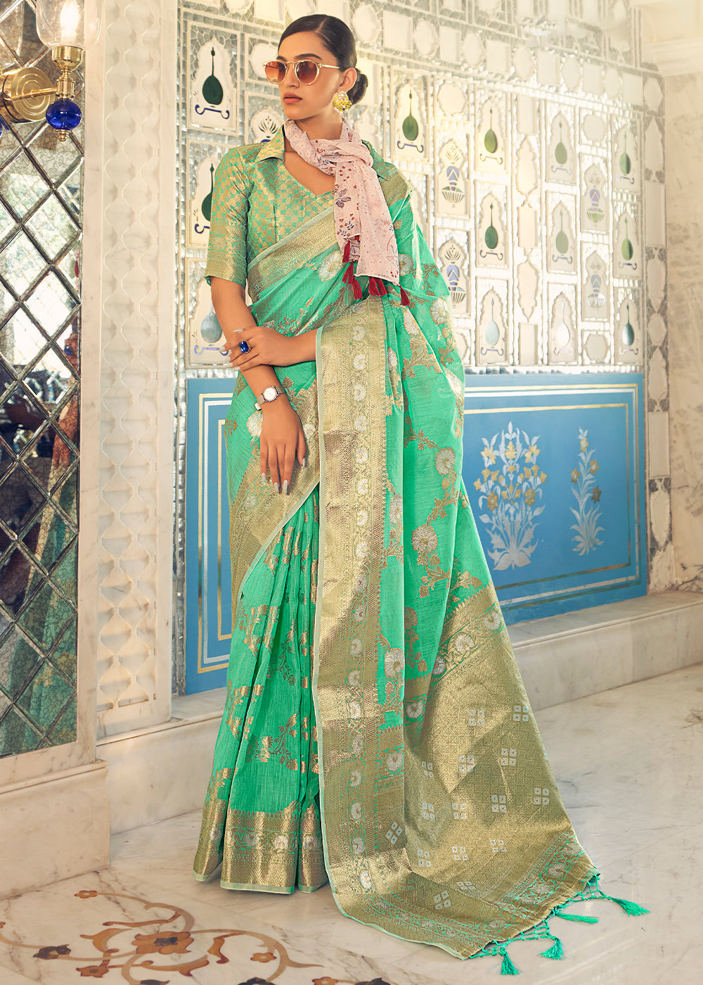 Ocean Green Zari Woven Linen Silk Saree