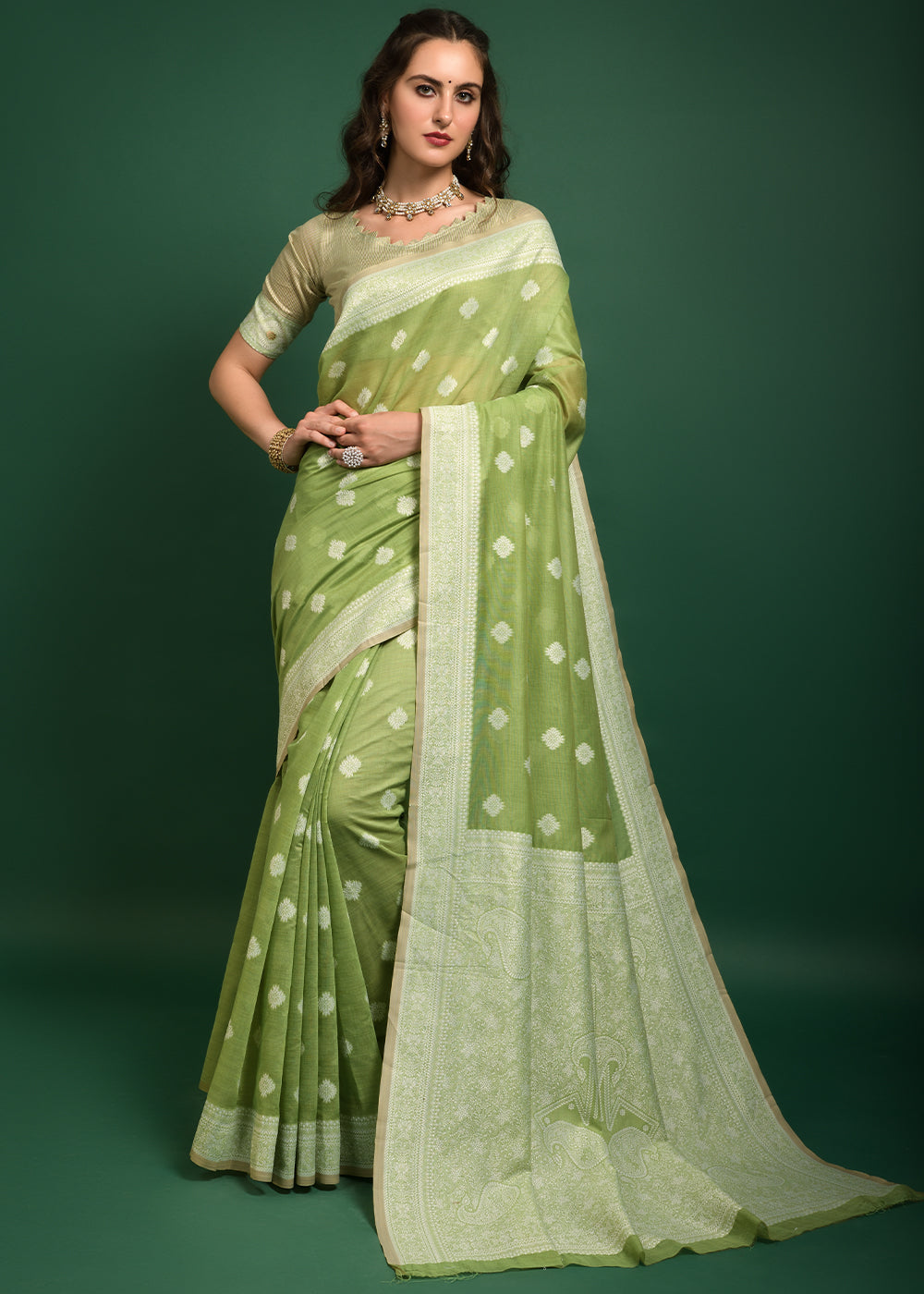 Wild Green Chikankari Chanderi Cotton Woven Saree