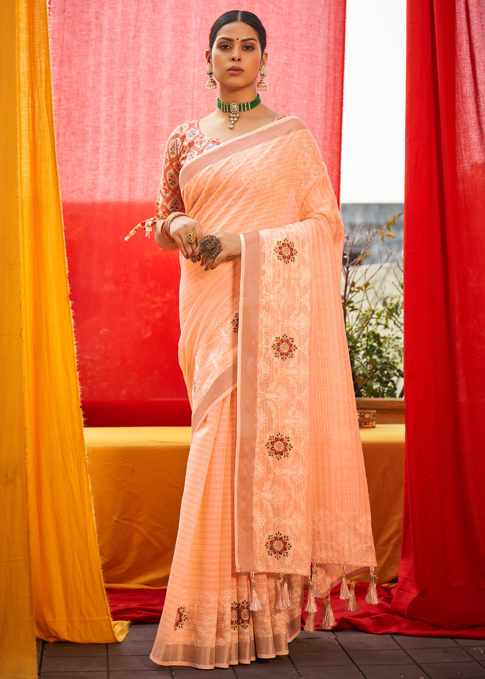 Barley Peach Woven Linen Silk Saree