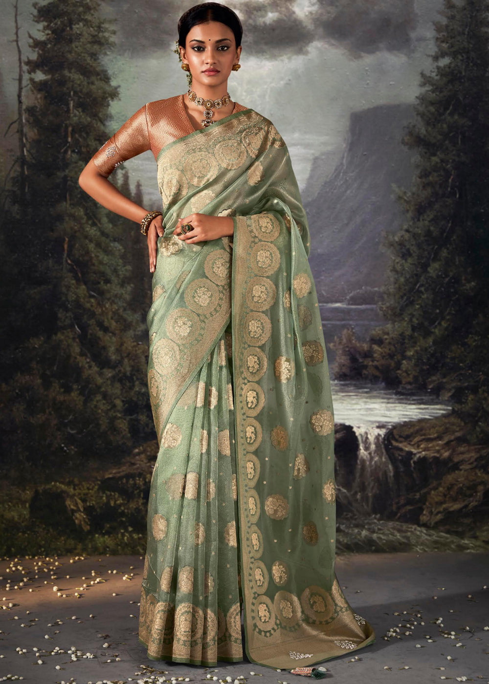 Kelp Green Woven Banarasi Organza Silk Saree