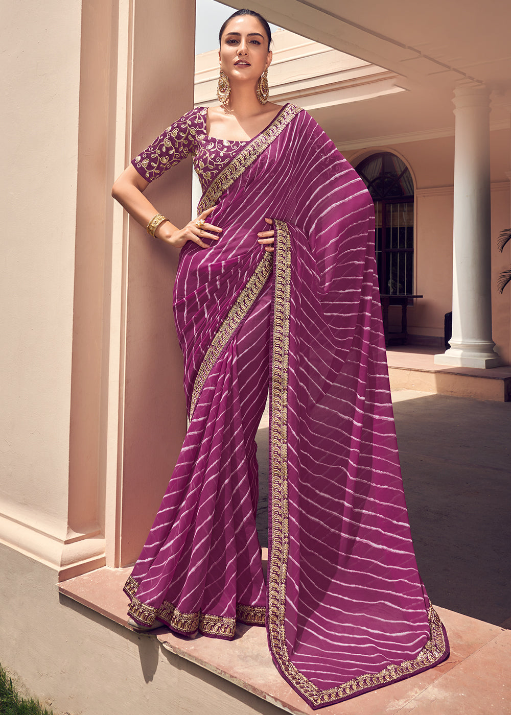 Camelot Purple Lehriya Print Georgette Saree With Embroidered Blouse