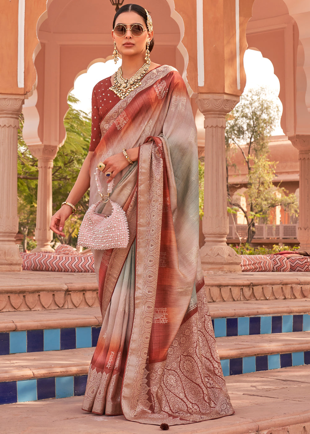 Brandy Rose Brown and Grey Woven Soft Textured Printed Silk Saree