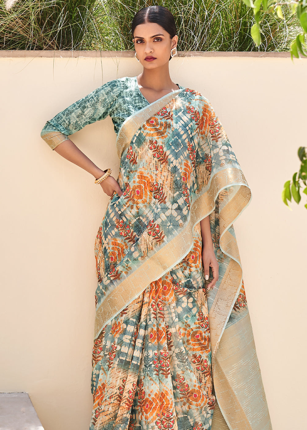 Stack Blue Digital Print Linen Saree