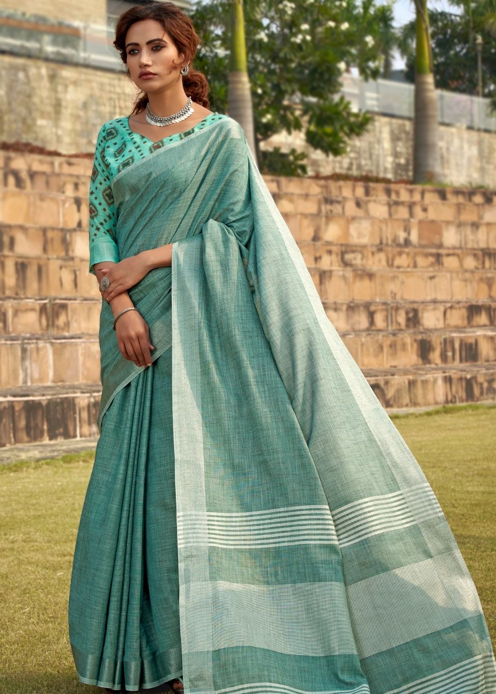 Viridian Green Soft Linen Silk Saree