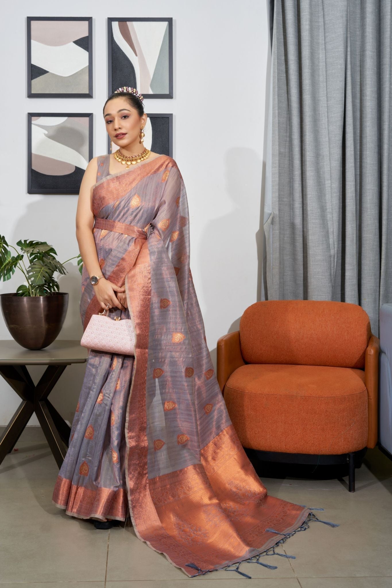 Dusty Gray Grey Woven Organza Tissue Silk Saree