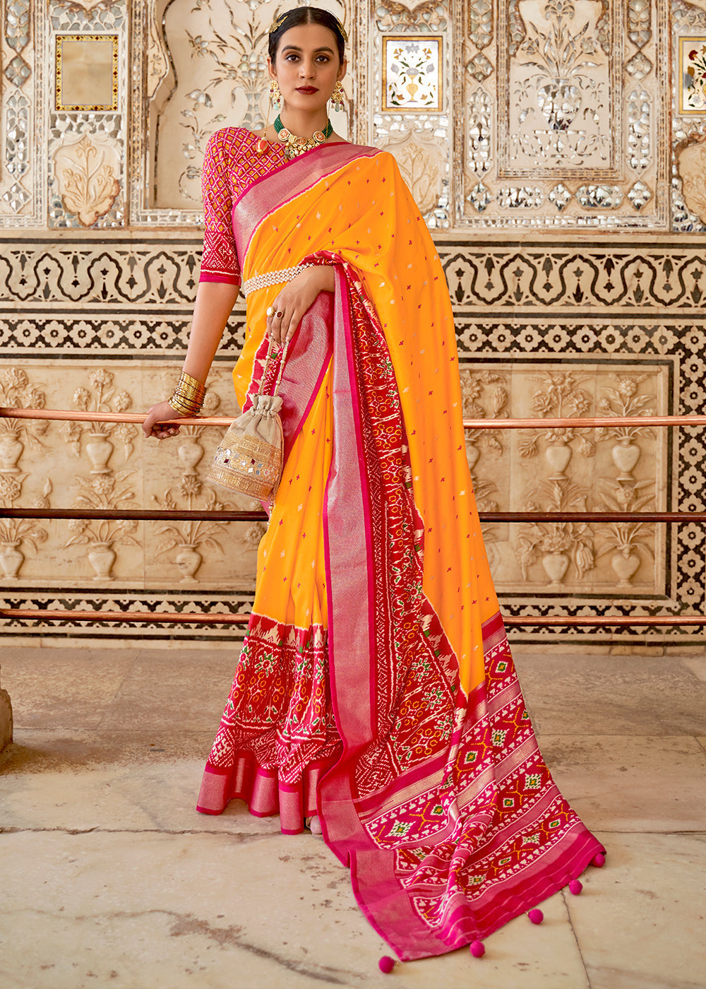 Sun Yellow and Red Cotton Patola Printed Saree