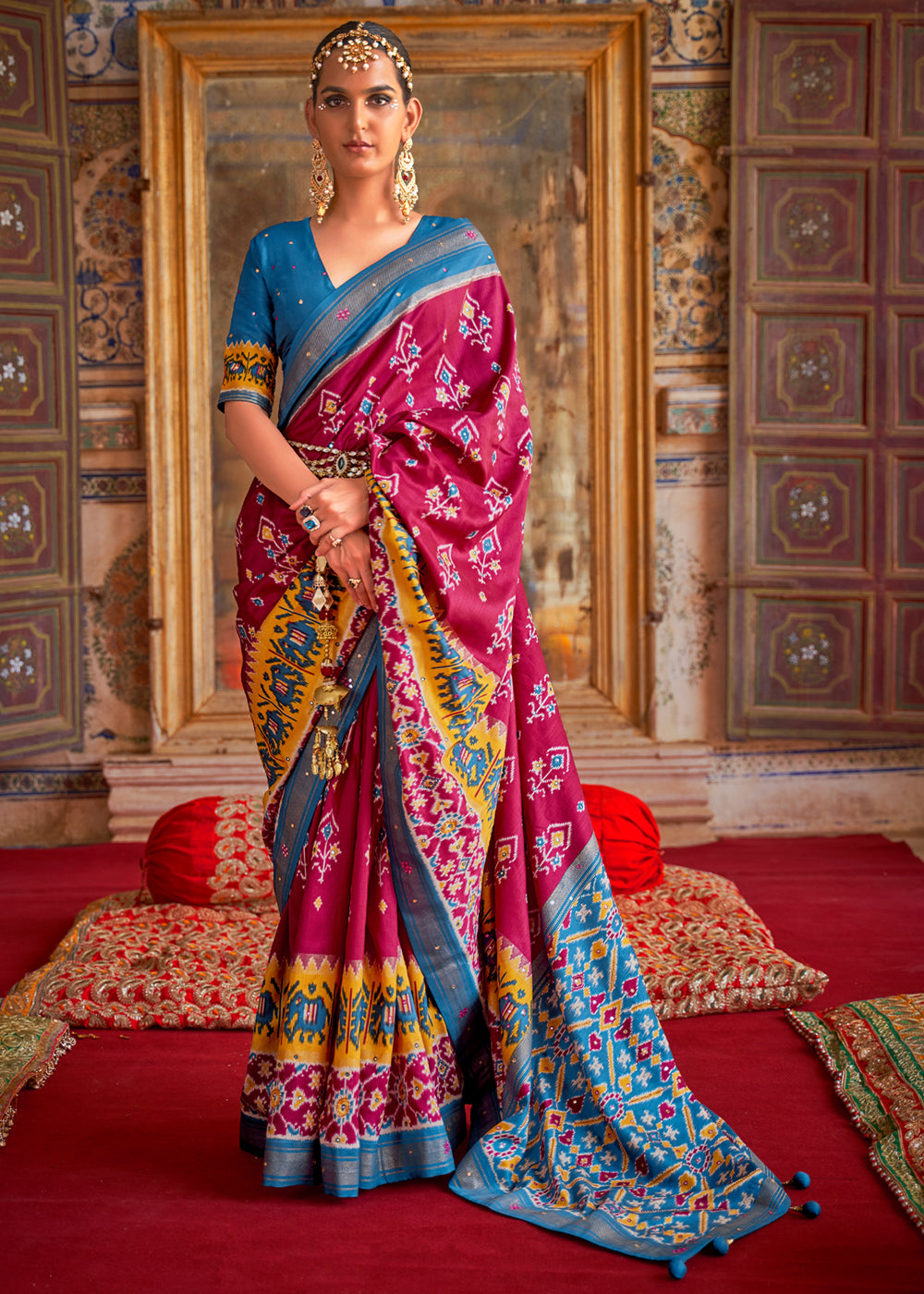 Pink Salmon and Blue Woven Patola Silk Saree