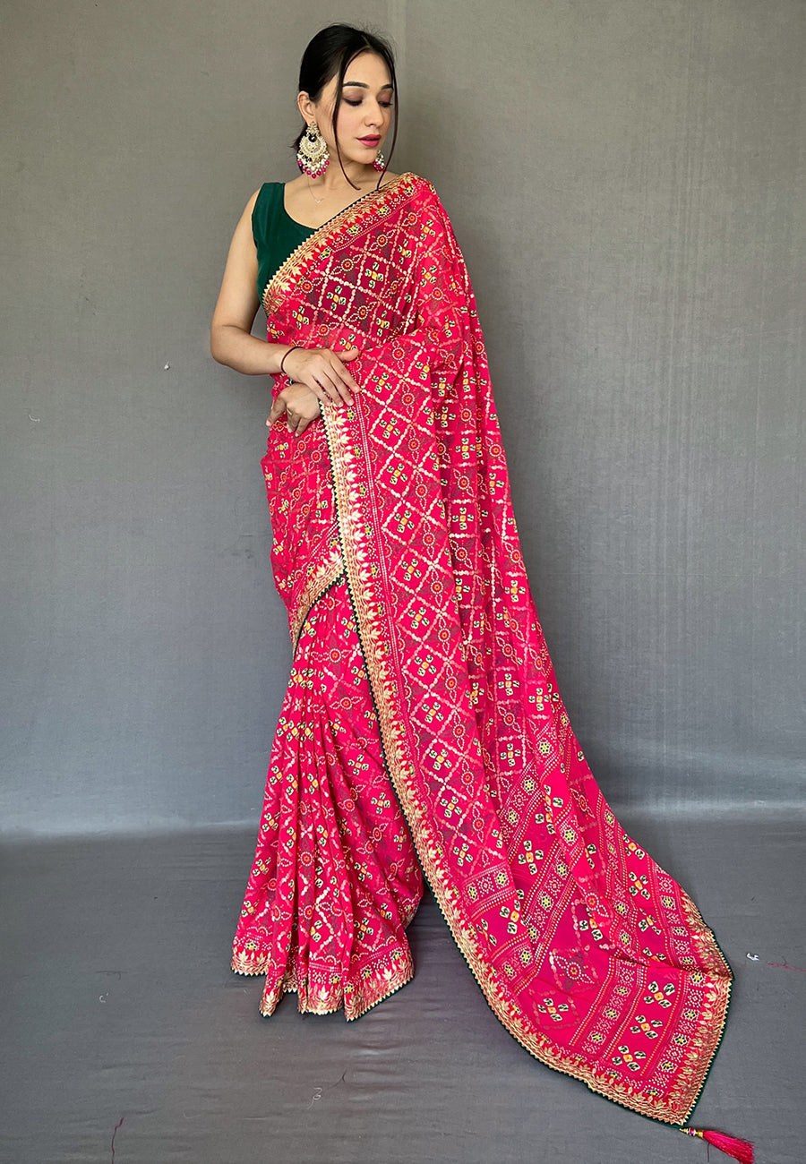 Cabaret Pink Embroidered Georgette Bandhani Saree