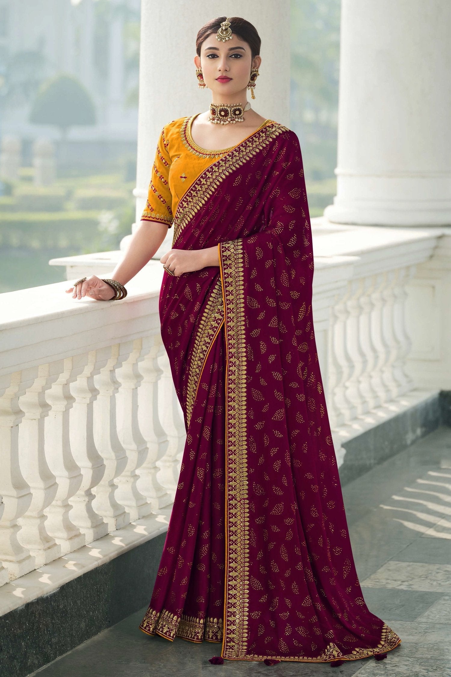 Mulberry and Yellow Chiffon Stone Work Saree