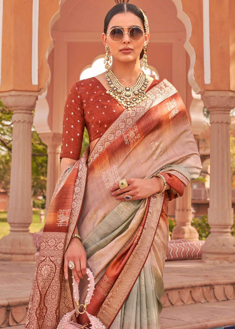 Brandy Rose Brown and Grey Woven Soft Textured Printed Silk Saree