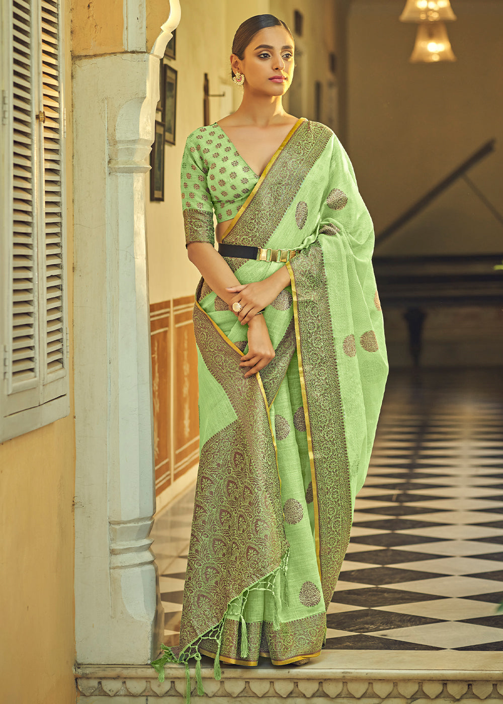 Willow Green Linen Silk Saree