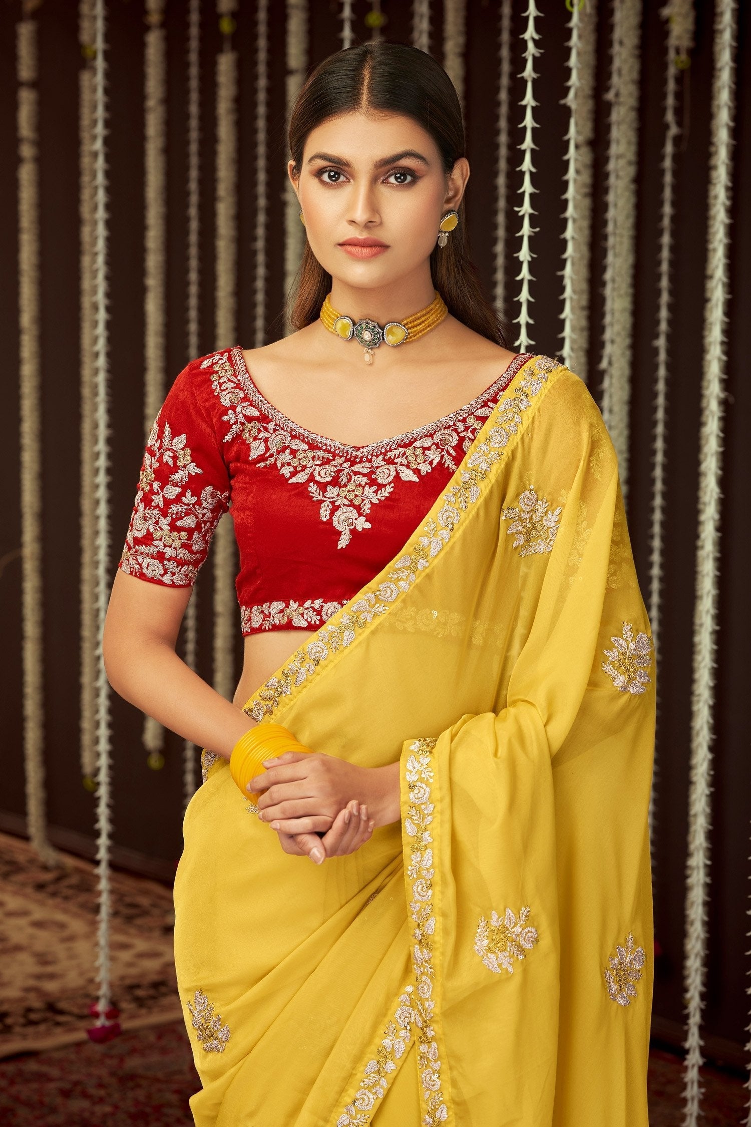 Canary Yellow Organza Designer Silk Saree