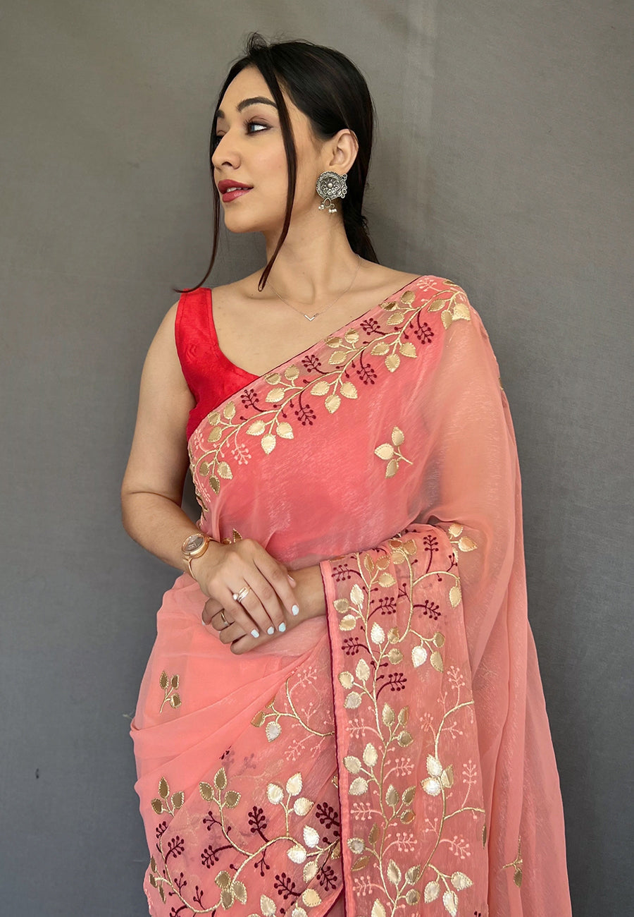 Froly Peach Embroidered Organza Silk Saree