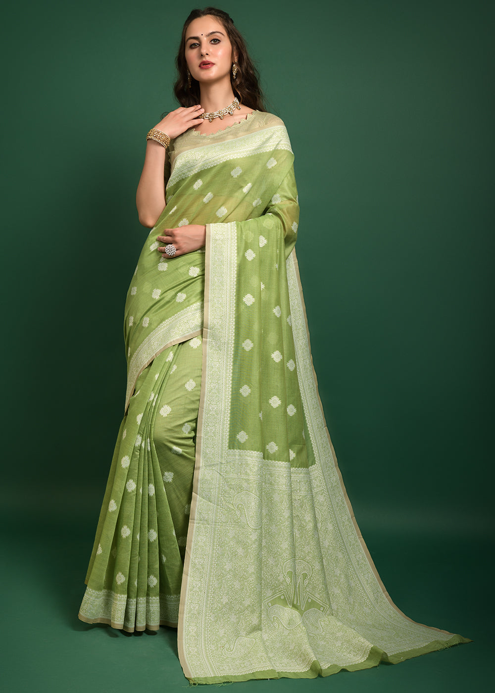 Wild Green Chikankari Chanderi Cotton Woven Saree