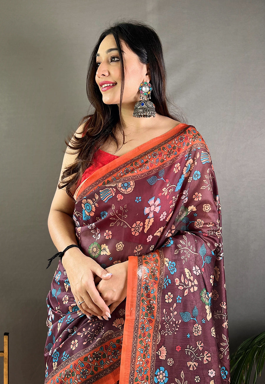 Russett Purple Cotton Kalamkari Printed Saree