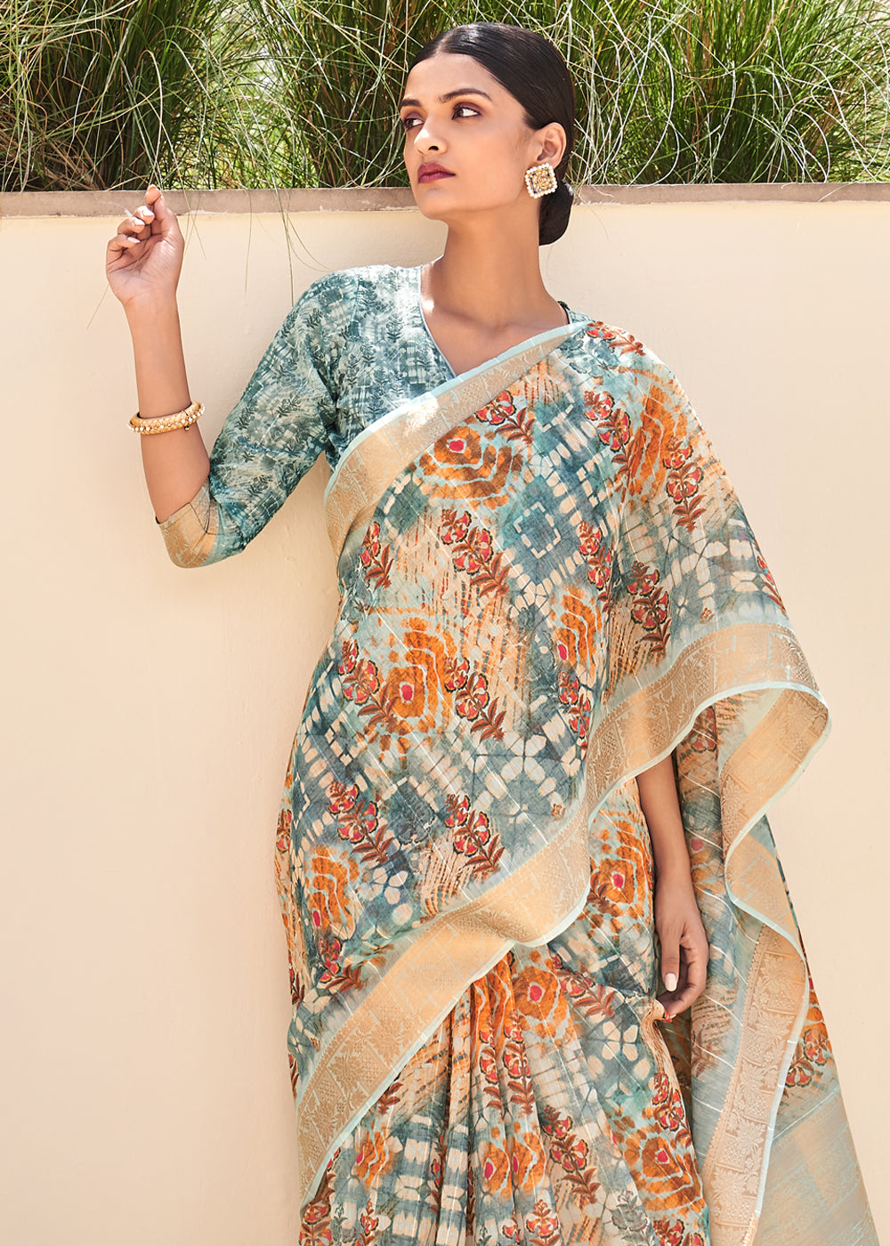 Stack Blue Digital Print Linen Saree