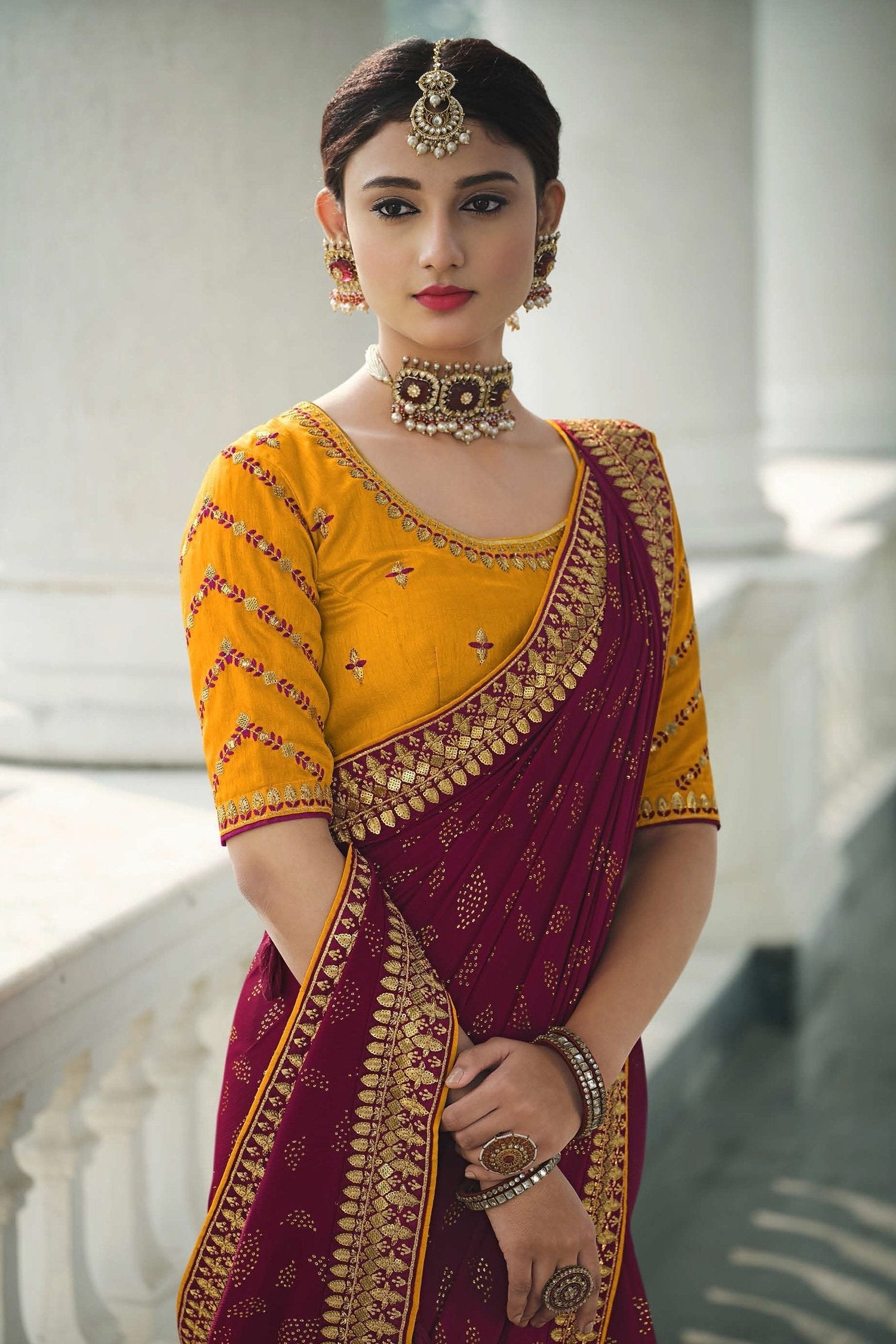 Mulberry and Yellow Chiffon Stone Work Saree