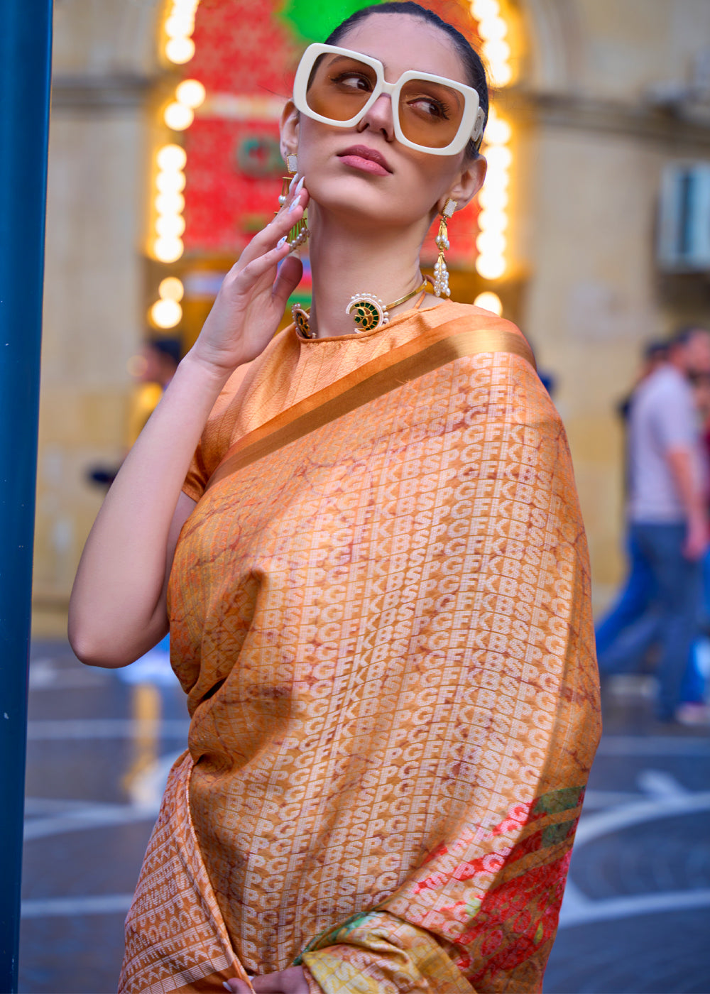 Navajo Orange Printed Handloom Weaving Saree