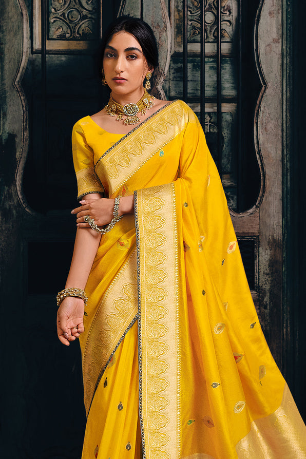 Saffron Yellow Zari Woven Banarasi Saree