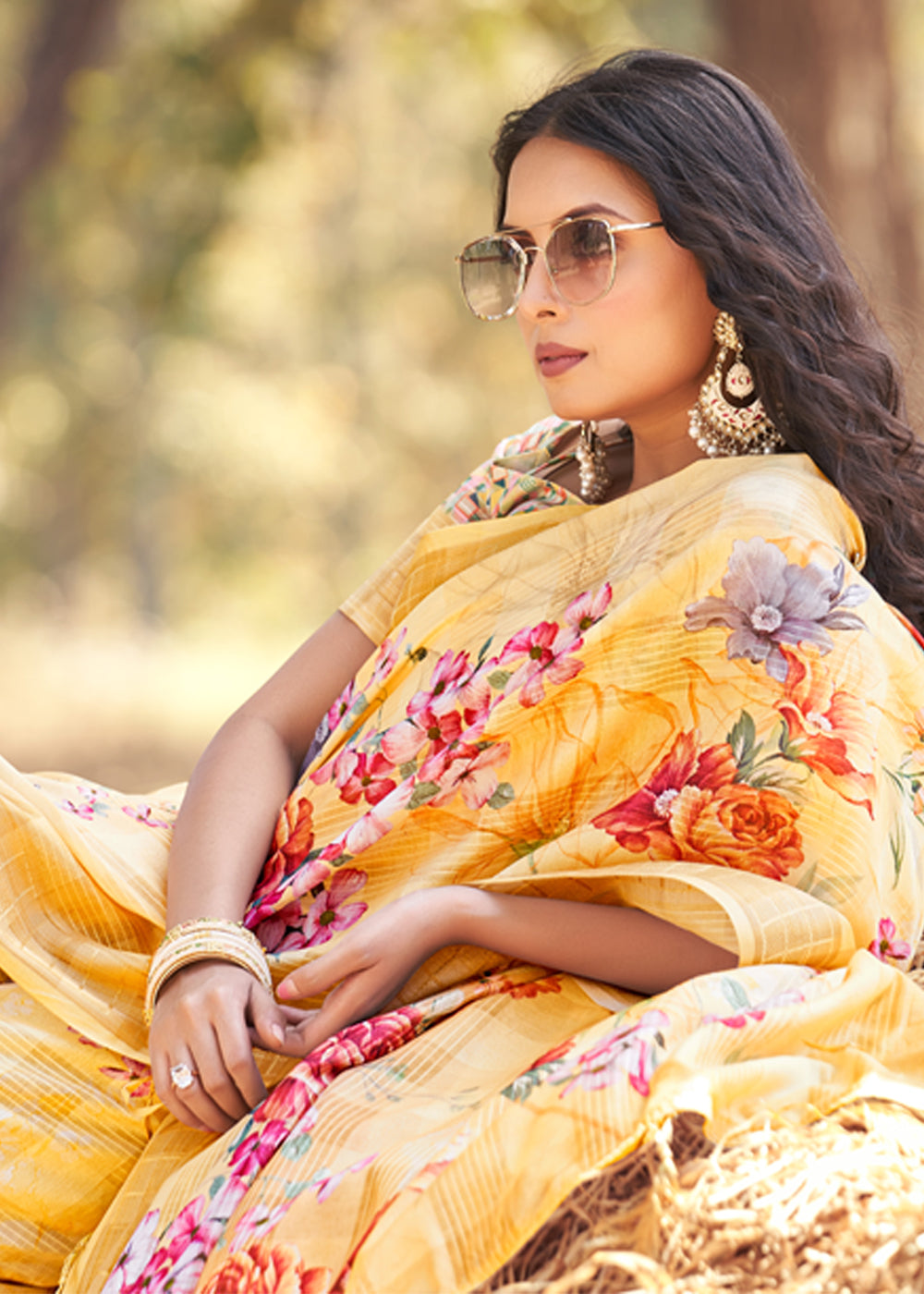 Fresh Yellow Floral Printed Cotton Silk Saree