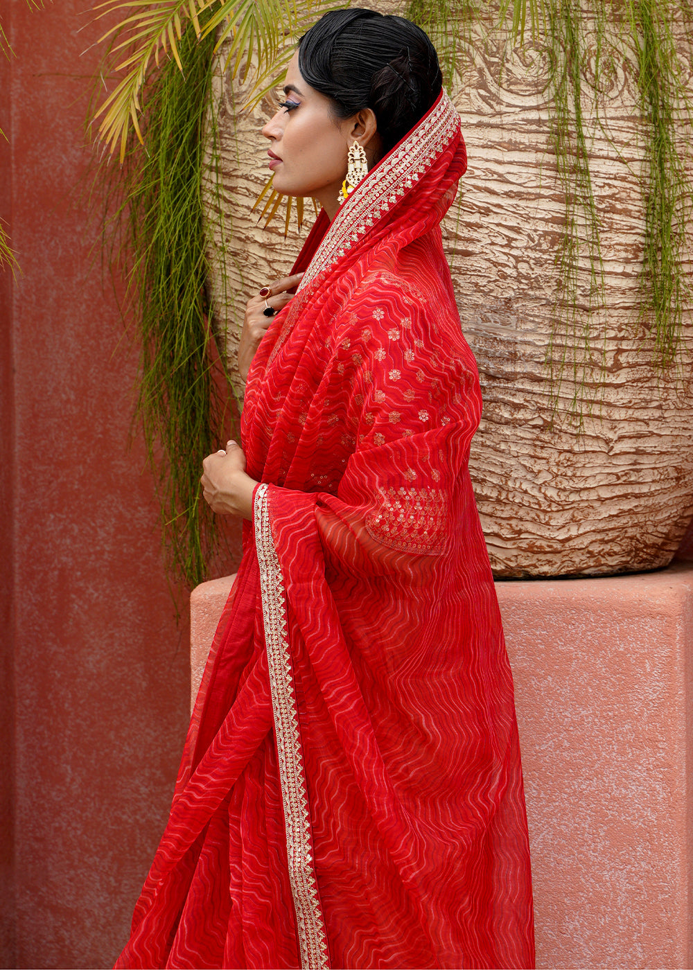 Crimson Red Lehriya Organza Saree With Embroidered Blouse