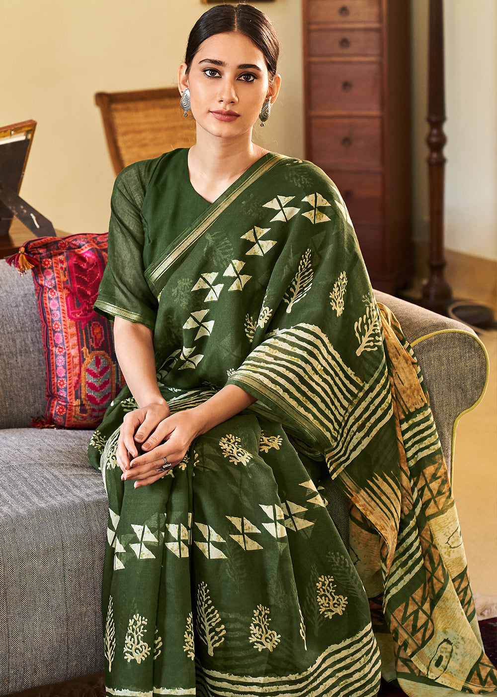 Woodland Green Cotton Linen Batik Printed Saree