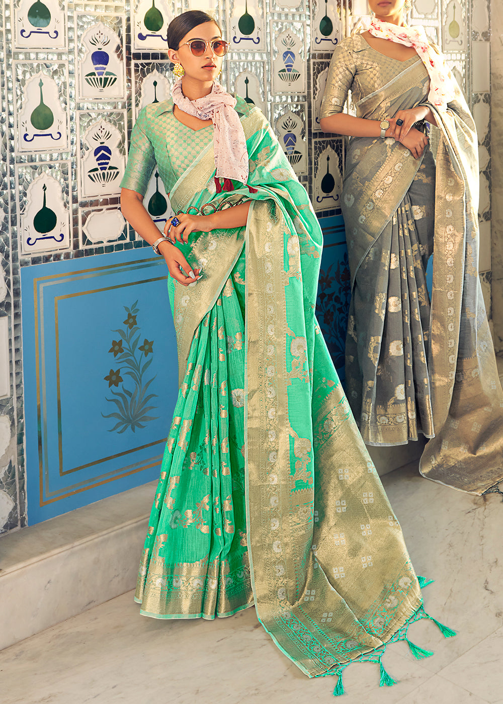 Ocean Green Zari Woven Linen Silk Saree