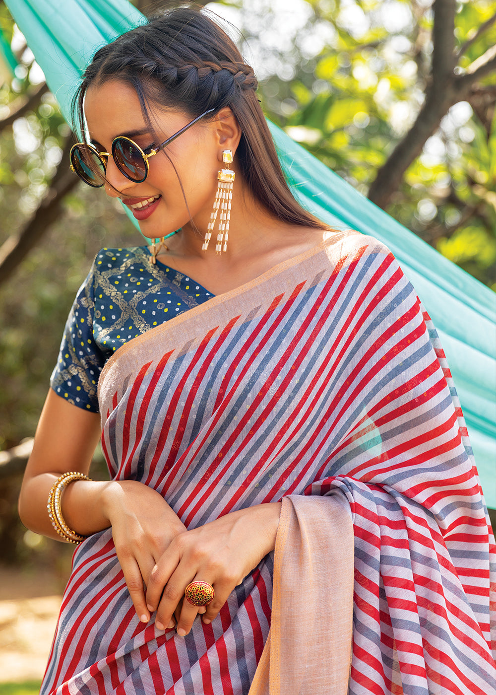 Can Red and Blue Cotton Saree With Leheriya Print