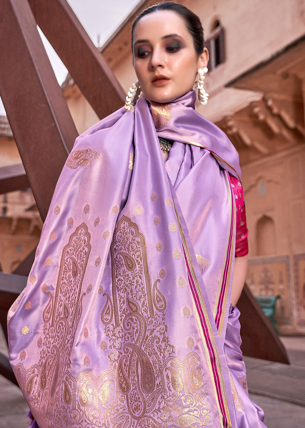 Glossy Grape Purple Woven Satin Silk Saree