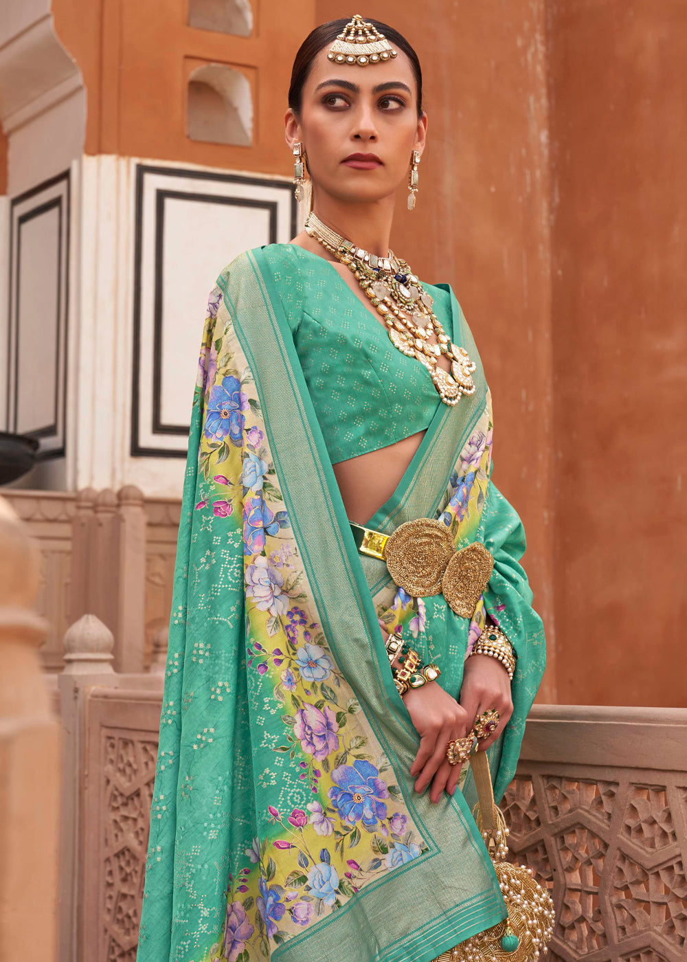 Jungle Green Soft Floral Printed Silk Saree