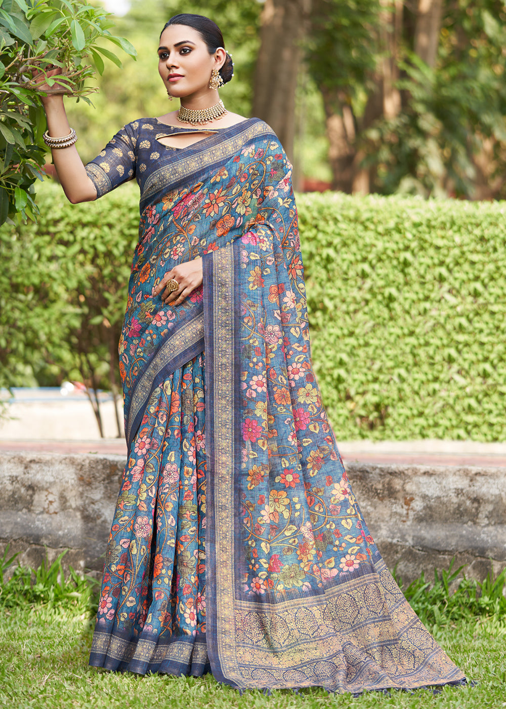 Steel Teal Blue Linen Kalamkari Digital Print Saree