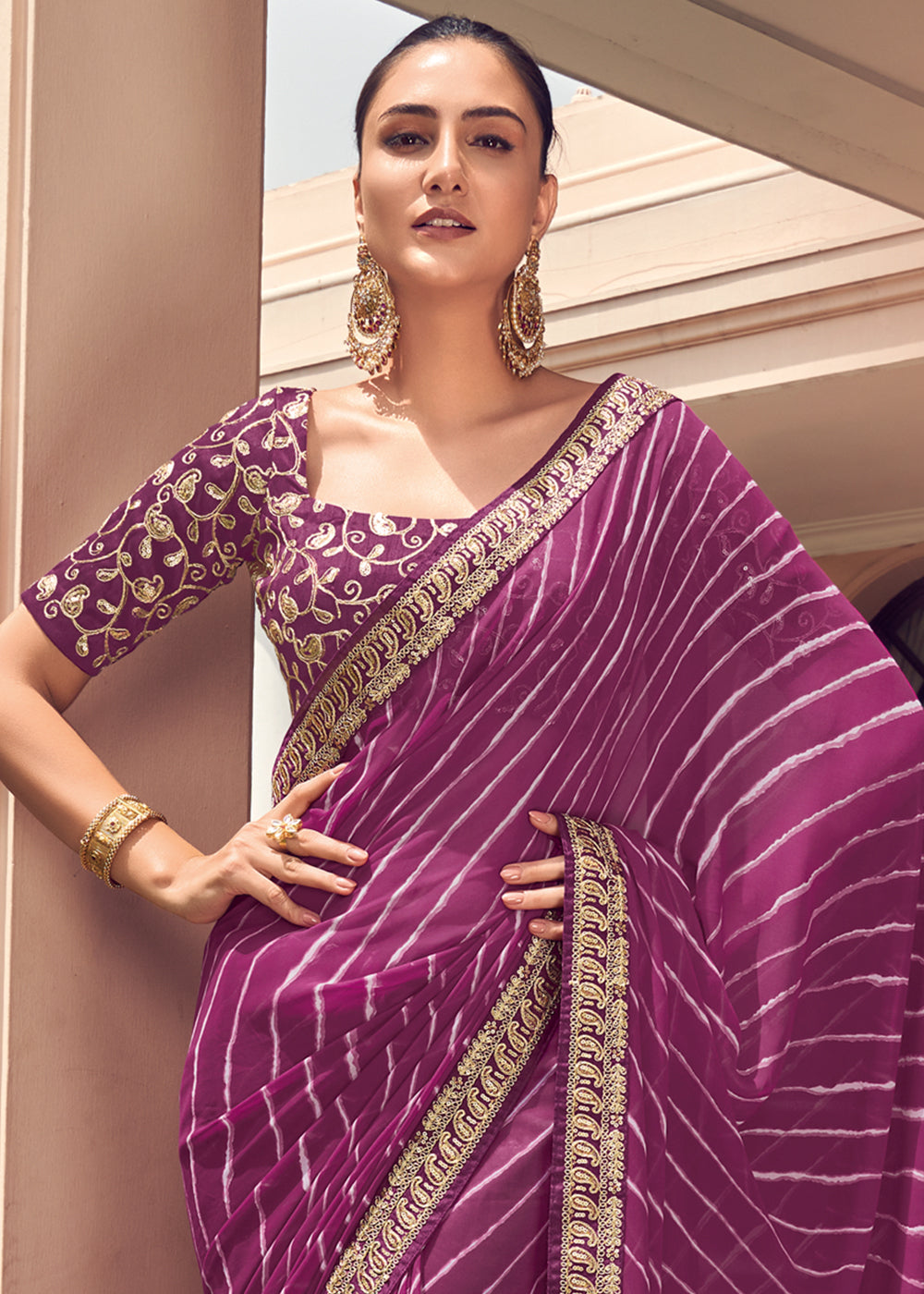 Camelot Purple Lehriya Print Georgette Saree With Embroidered Blouse