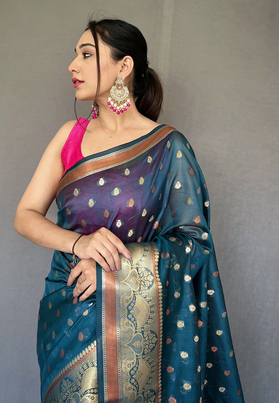 Shark Blue Zari Woven Organza Silk Saree