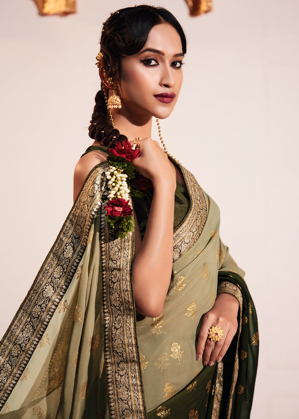 Misty Moss Green Woven Georgette Silk Saree