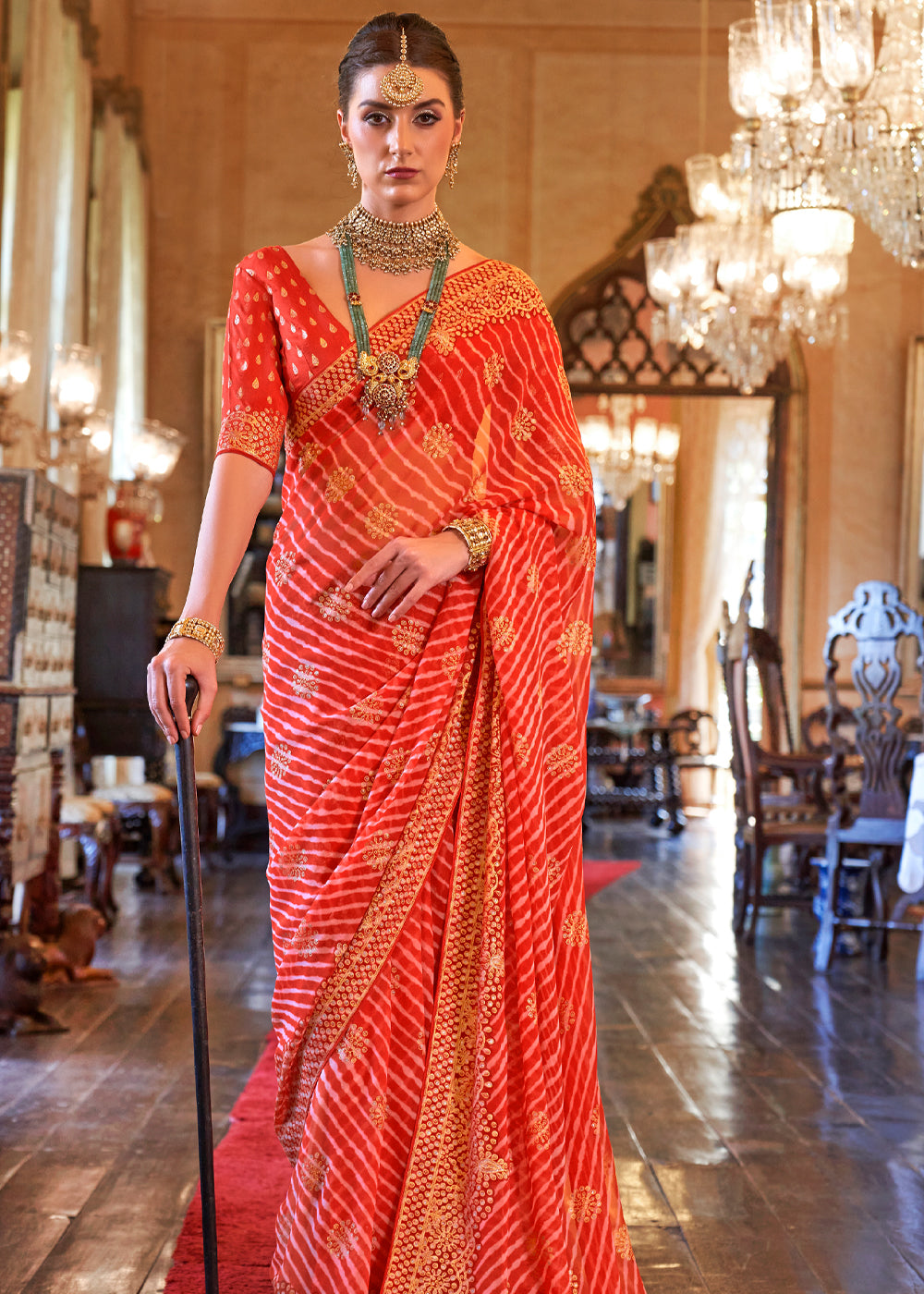 Punch Red Lehariya Georgette Silk Saree