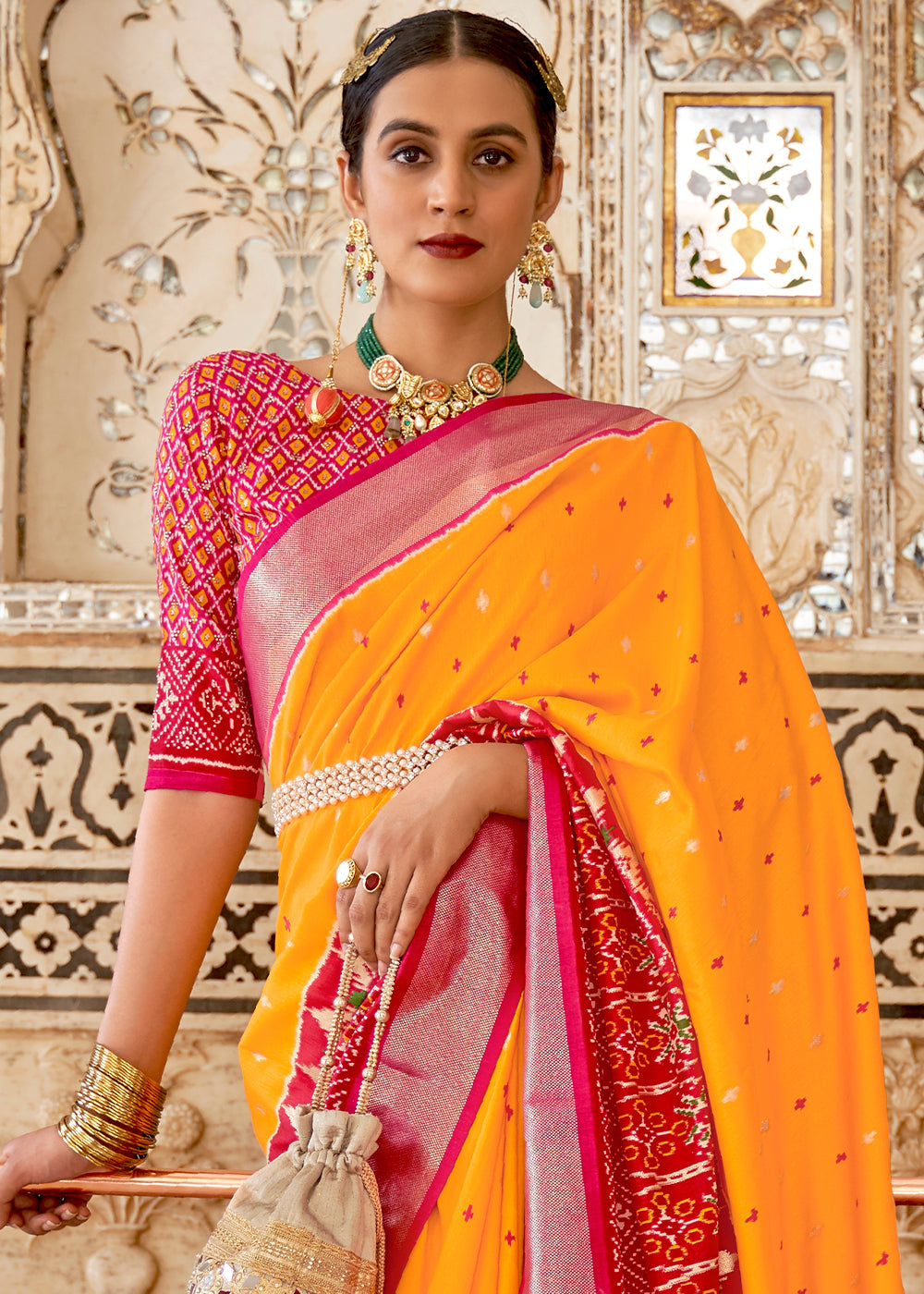 Sun Yellow and Red Cotton Patola Printed Saree