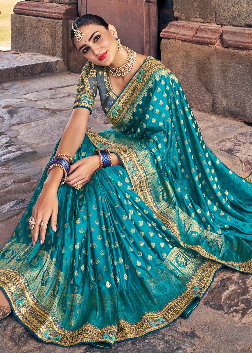 Astral Blue Zari Woven Designer Banarasi Saree